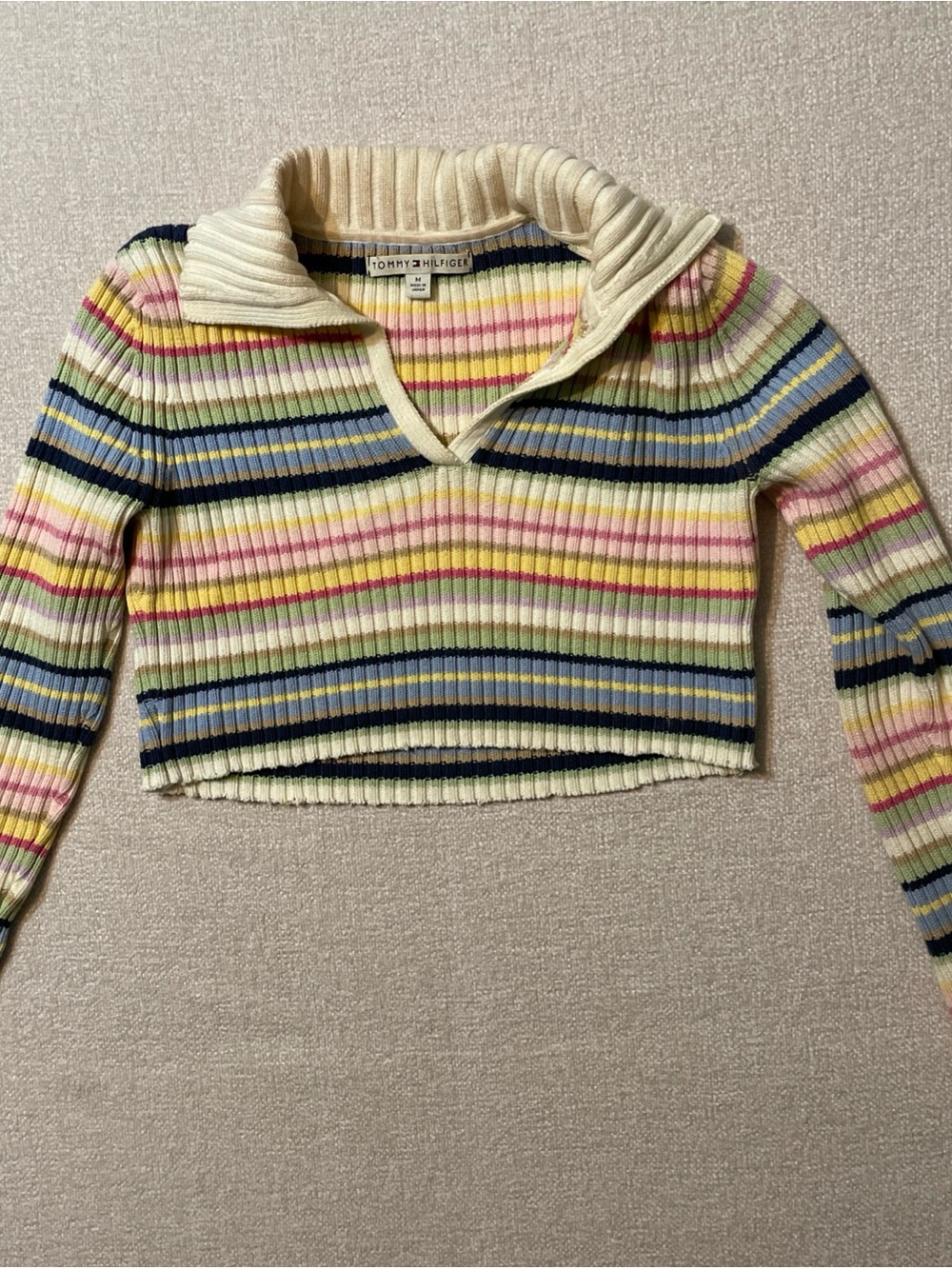 Vintage Tommy Hilfiger Striped Ribbed Crop Sweater Sz M Made in Japan Y2K